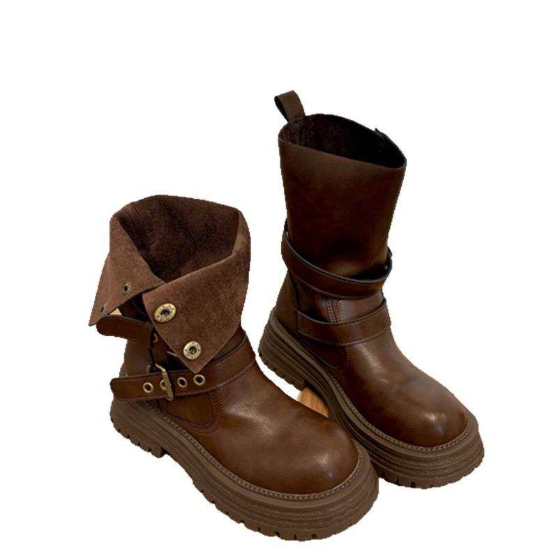 Cowhide boots children's western cowboy Martin boots thick heel thin autumn and winter thick sole heightening versatile medium tube short boots women