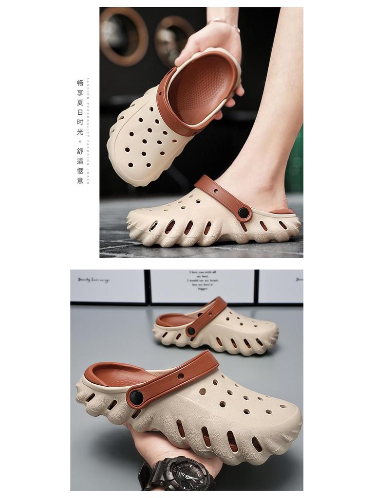 Herrarnas Andningsbara Slip-on Strandtofflor för Sommaren med Dämpad Tjock Sula och Snygga Hål