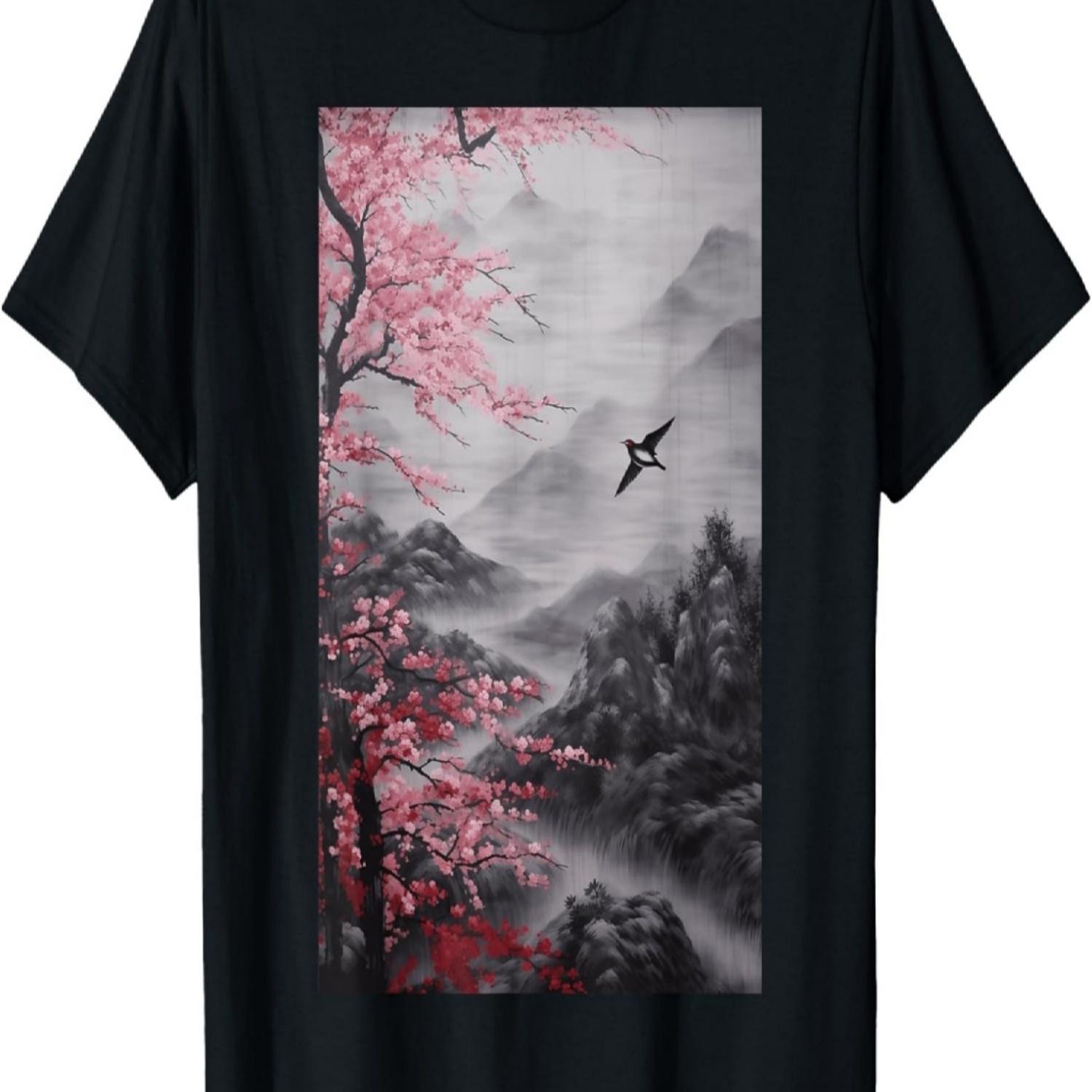 

Япония Сад Сакуры Горы И Цветущие Вишни Гравюра на Дереве Футболка(27) S чёрный