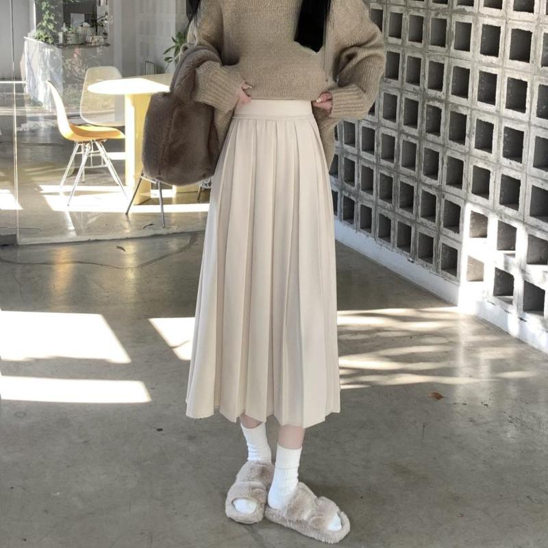 HOUZHOU Long Pleated Skirt Women Vintage Korean Fashion Solid High Waist A-line Midi Skirt School Girl Elegant Casual Autumn