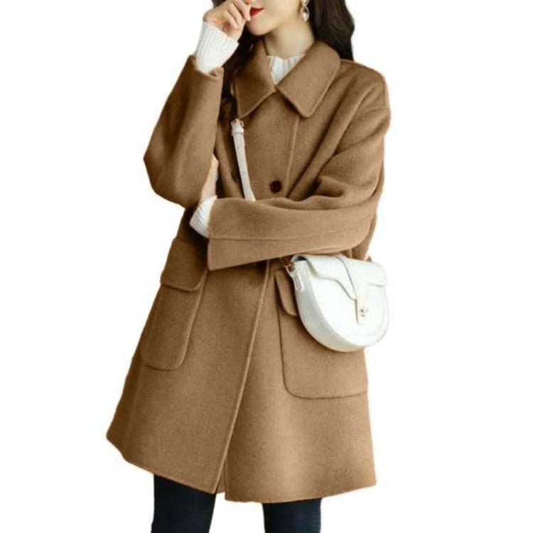Warm Winter Woolen Coat Double Breasted Lapel Midlength Solid Color Women Overcoat Loose Fit Thickened Flap Pockets Autumn
