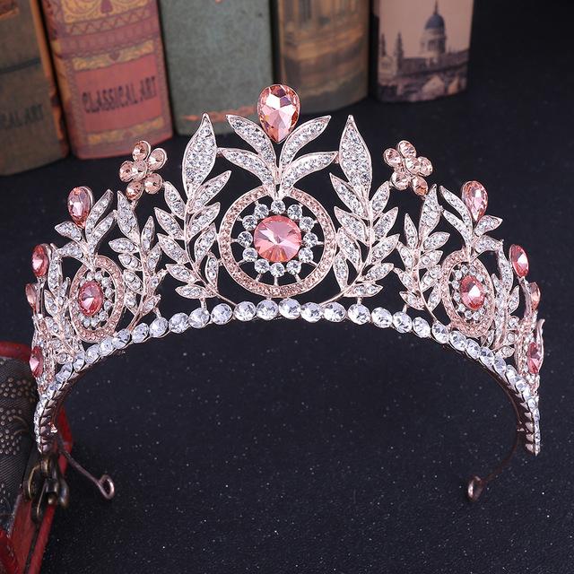 Fashion Rose Gold Peach Color Crystal Rhinestone Wedding Hair Accessories Queen Princess Diadems Women Tiara Crown Head Jewelry