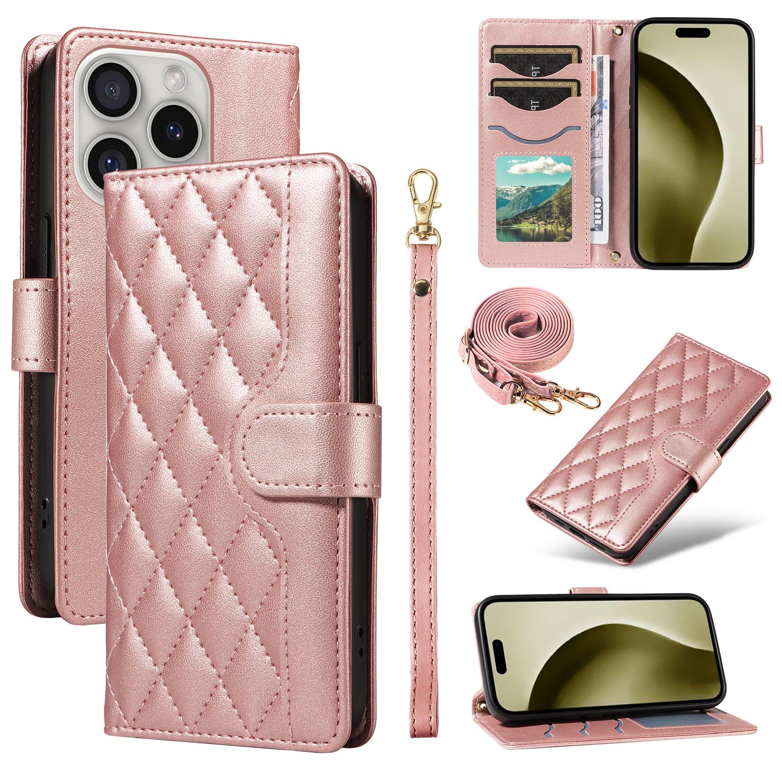 

For iPhone 16 Pro Crossbody Case Rhombus Flip Leather Handbag Phone Cover Rose Gold
