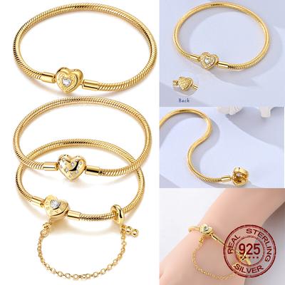 17-20CM Golden Heart Love Key Bracelet 925 Silver Charm Forever Family Bracelet Bangle Women Jewelry Gift