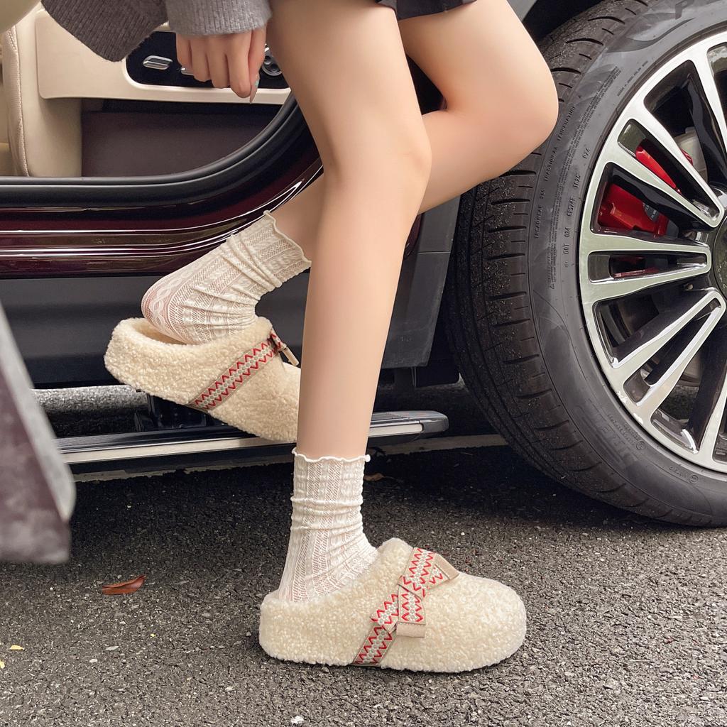 Schleife Lammwollpantoffeln Damen tragen Herbst und Winter Mode ein Pedal Samt warm Taschenkopf halbschlepp flacher Boden