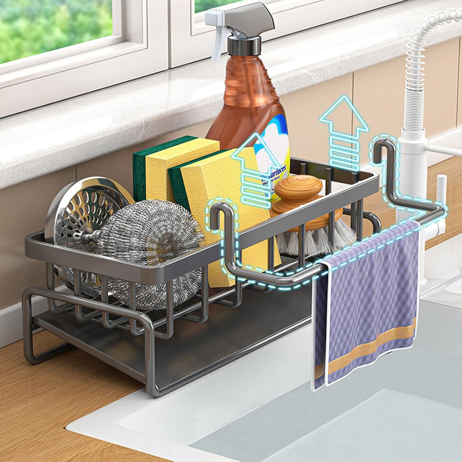Rustproof Carbon Steel Kitchen Sink Organizer Sponge Holder with Rag Rack Dish Soap Dispenser Caddy Countertop Storage Shelf серый