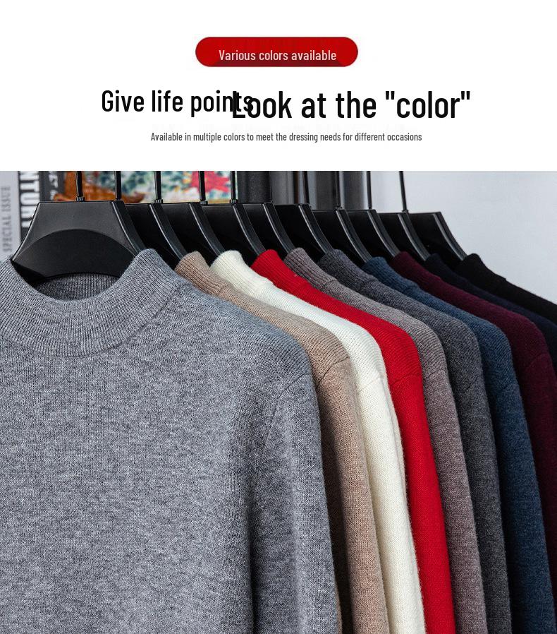 Men's 520g Semi-Worsted Wool Sweater - Autumn/Winter Thick 100% Sheepswool, Semi-High Collar, Four-Thread