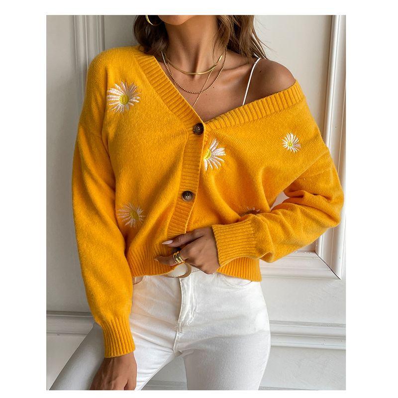 

Женский вязаный кардиган с вышивкой, свободный свитер-жакет, 2023 Yellow Sweater Outwear XXL