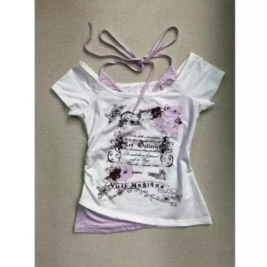 TrendHub American Vintage T Shirts Retro Grunge Letter Flower Print Crop Tops Y2k Summer T Shirts Fashion Streetwear Halter Harajuku Tees
