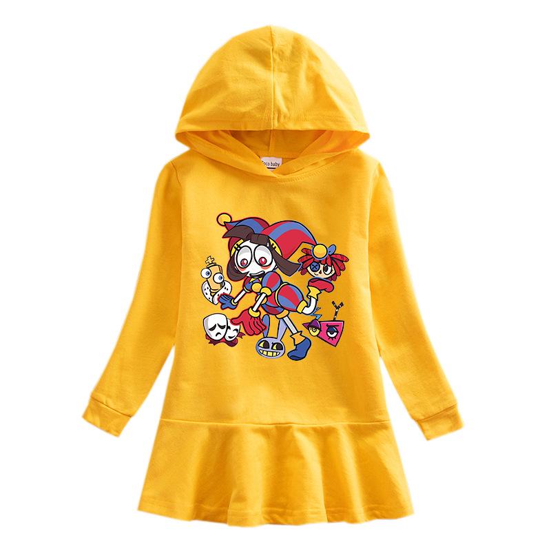 2026 Spring/Autumn Girls' Ruffle Cartoon Rainbow Hooded Princess Long Sleeve Dress