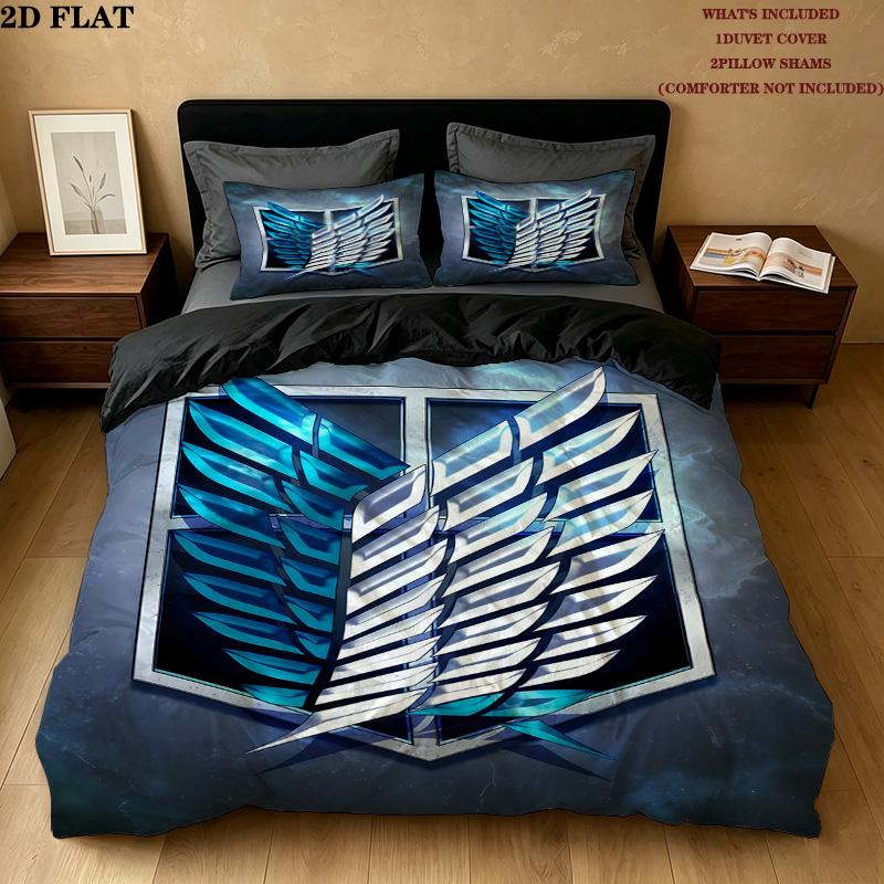 Attack Titan Pattern Bedding Quilt Set Quilt Cover Pillowcase Home Birthday Gift(1 * Duvet Cover + 2 * Pillowcase, Without Core)