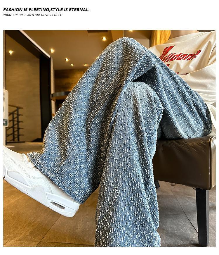 Men's Fashionable Wide-Leg Hip-Hop Jeans, Jacquard Print, Personalized Distressed High-Street Style