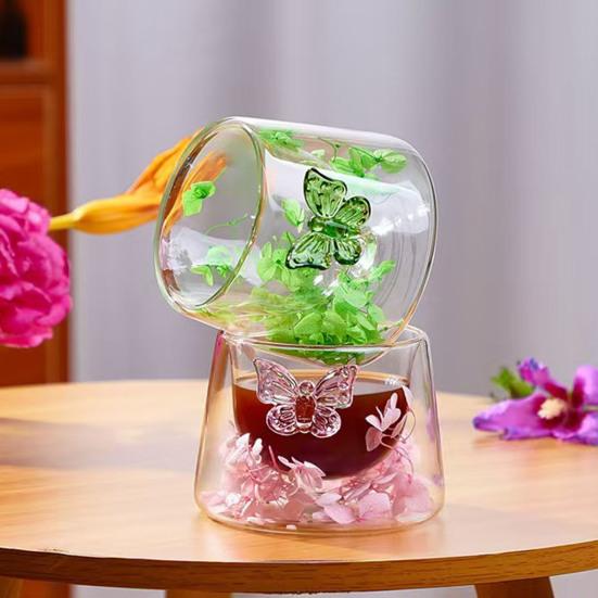 Dubbelväggiga Kaffemuggar i Glas med Torkade Blommor 150ml Värmetålig Glasmugg för Hemkontor Eftermiddagste Koppar Unika Gåvor för Kvinnor
