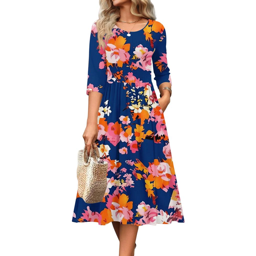 3/4-Ärmel Damenkleid Lässig Fließend A-Linie Midi T-Shirt Kleider mit Taschen Rundhalsausschnitt Urlaub Boho Strand Sommerkleid