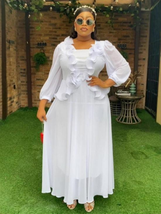 

Plus Size Women s White 3D Floral Ruffle Long Dress - Waist-Cinched, Elegant, Slimming, Long Sleeve, Ideal for Banquets. 2XL