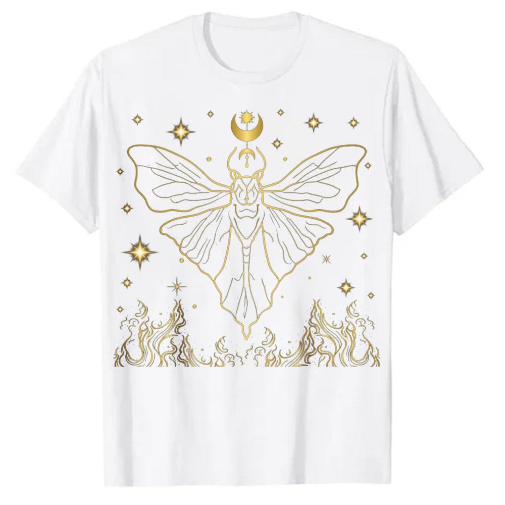 Oversized Black Cotton Tshirt With Gold Moth Crescent Moon Stars Flames Graphic Print Crew Neck Short Sleeve Unisex Streetwear