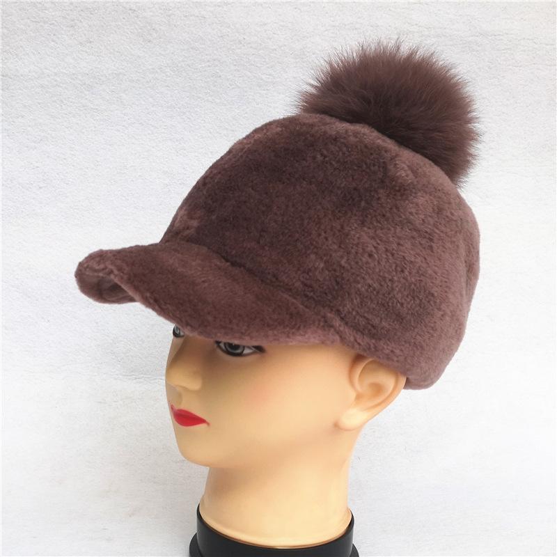 Gorra con visera para esquilar ovejas para otoño e invierno para mujer, nuevo gorro cálido de lana, gorro de piel con bola de piel de zorro real
