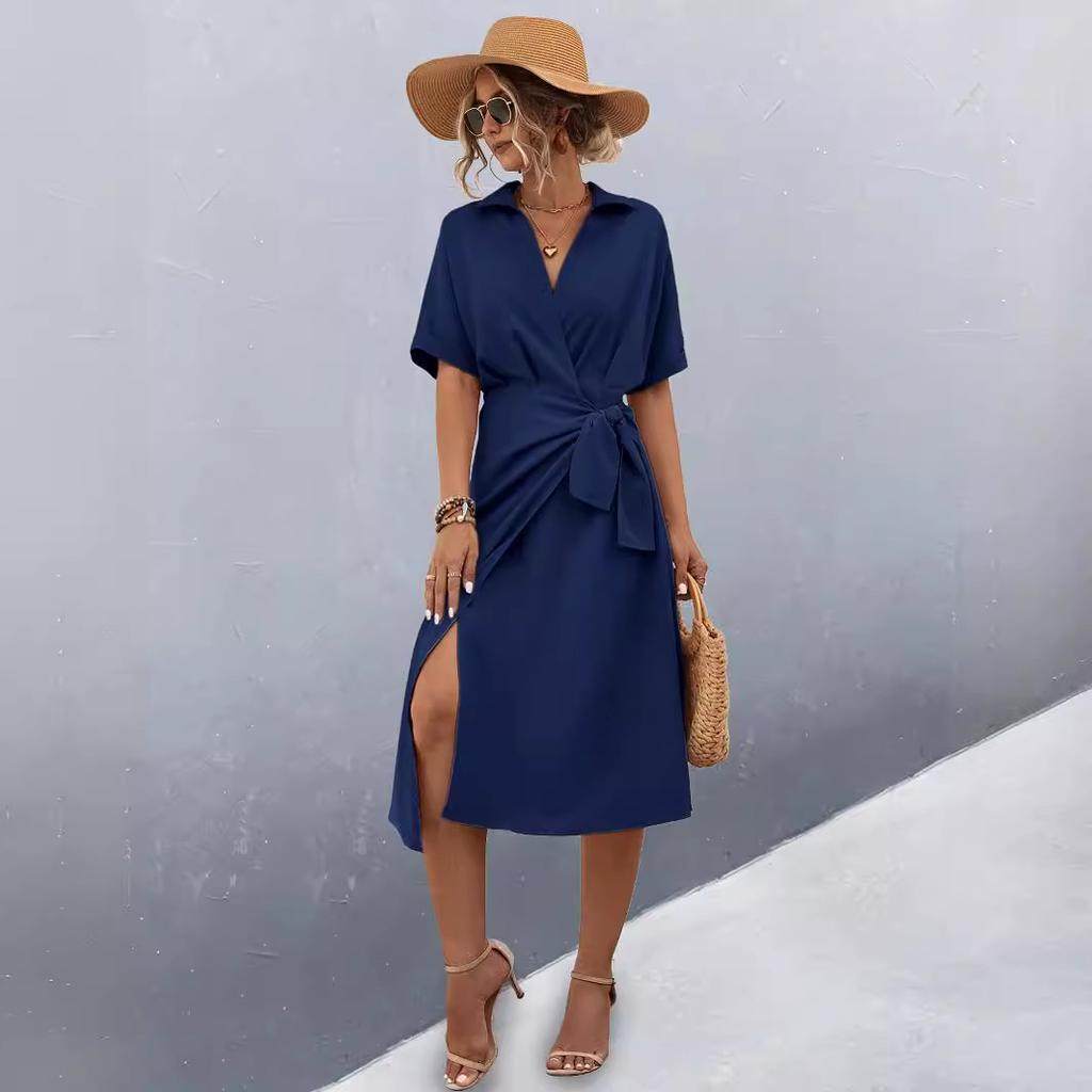 QICED Jednobarevný potisk jaro léto dámské zavinovací šaty s krátkým rukávem s výstřihem do V
