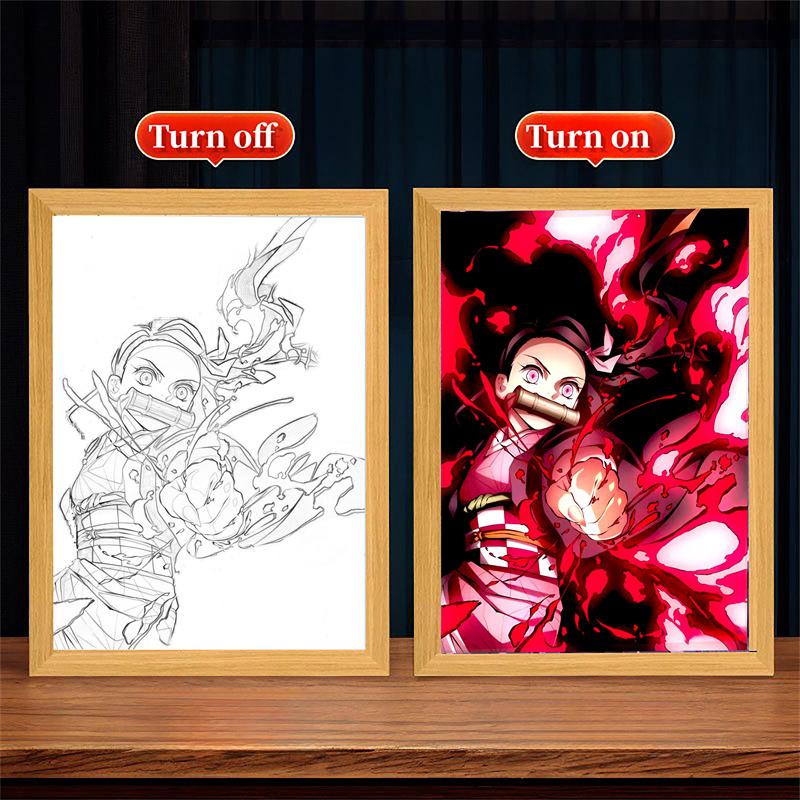 Anime Light Paninting Picture Frame Kimetsu No Yaiba Nezuko Kamado Akaza Kochou Shinobu Iguro Obanai For Room Decor Kids Gifts