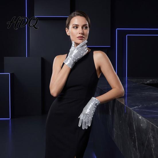Breathable Sequin Gloves 1 Pair Shiny Silver for Adults Stretchy Mesh Lightweight Metallic Sparkly Performance Dance Stage Costumes Halloween Party