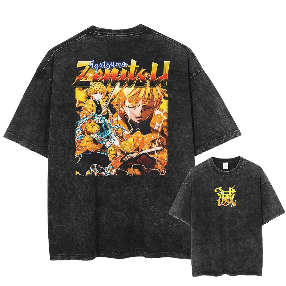 Japan Anime Demon Slayer Agatsuma Zenitsu Print T Shirt Men Washed Cotton T-shirts Manga Casual Tee Harajuku Male Vintage Tshirt