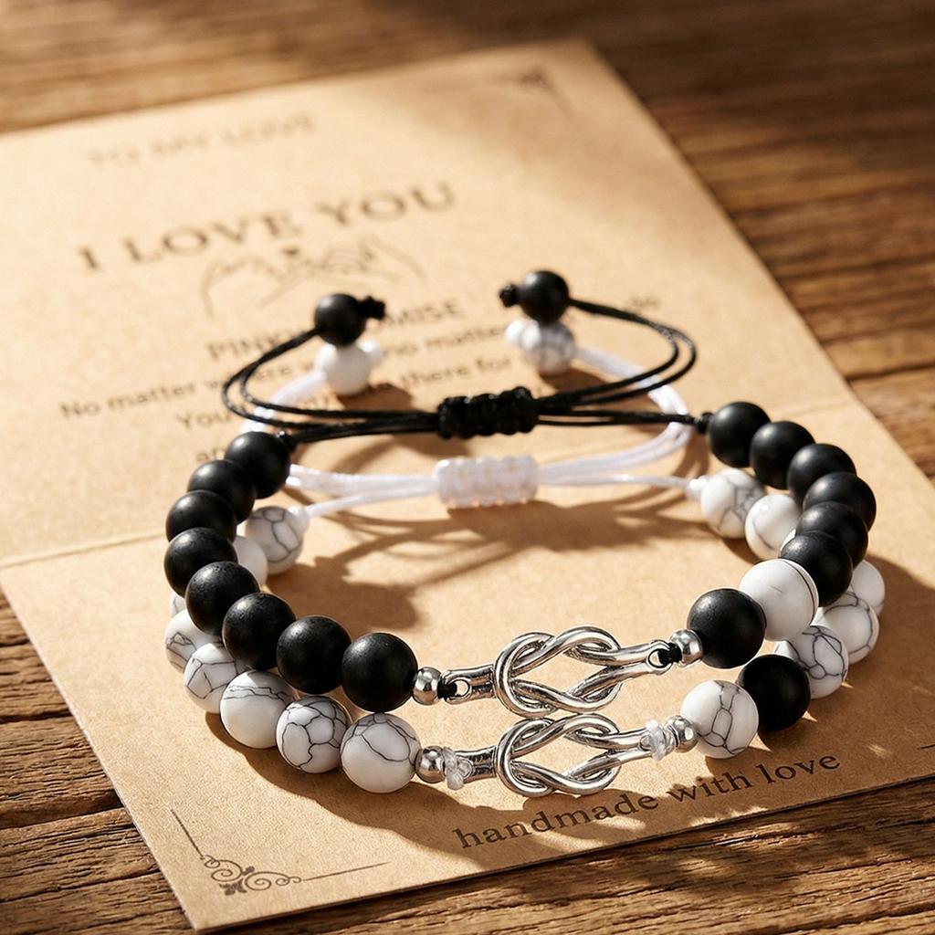 Natural White Howlite Black Sandblasted Unisex Bracelet Couple Knot Matching Pair Jewelry