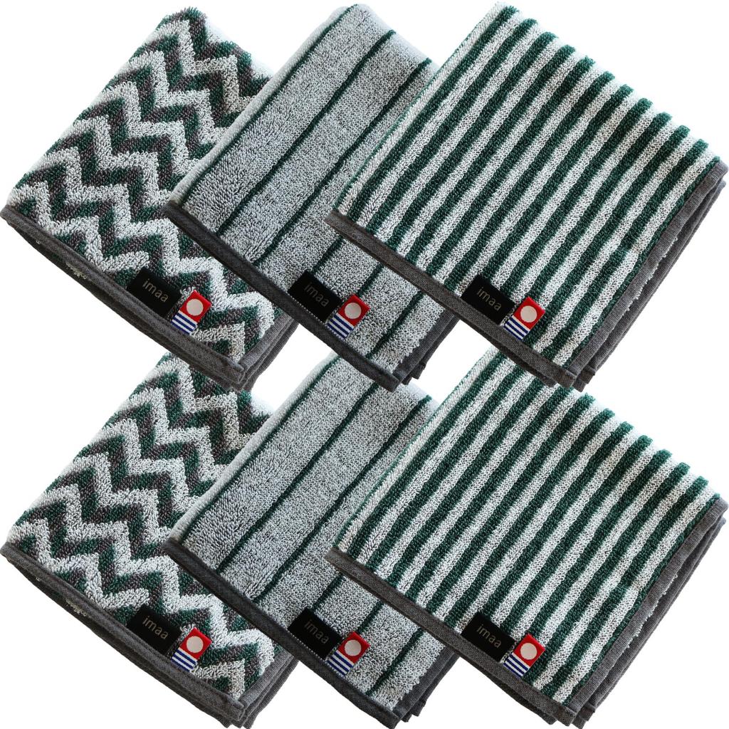 imaa Imabari Certified Hand Made in Cotton and 6 Count Towels/Handkerchiefs, 25cm, Japan, Polyester, Vacuum-Compressed Pack, CM-Green Assortment,
