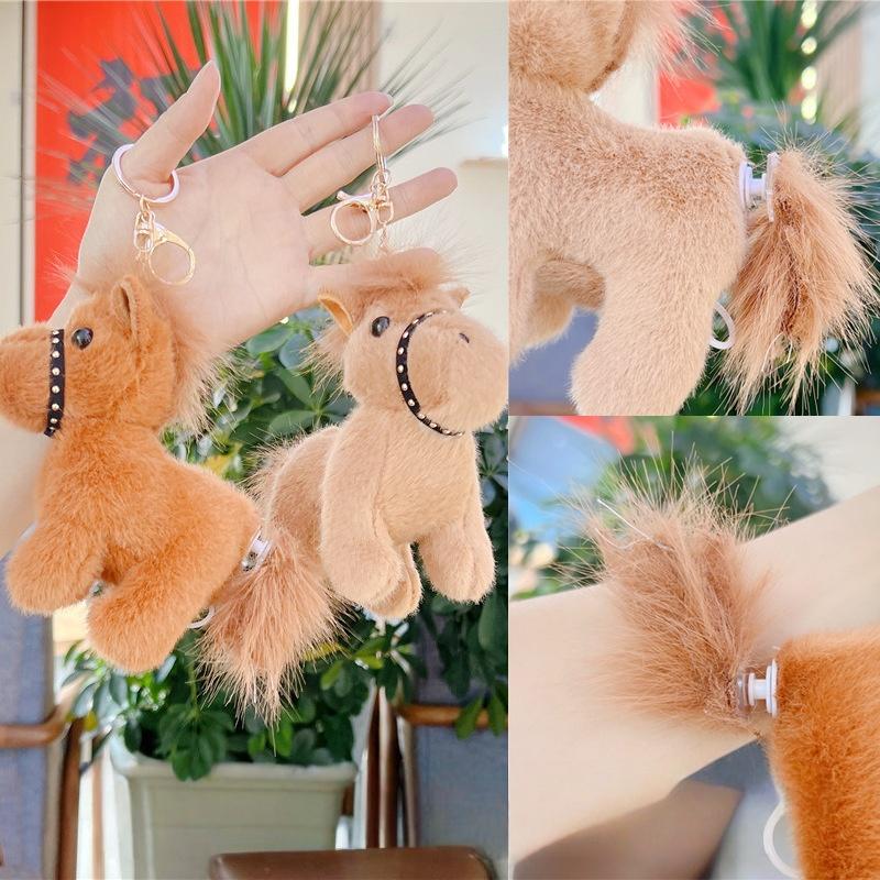1Pcs Fuzzy Tail Turning Pony Doll Backpack Accessory Creative Cartoon Horse Plush Doll Keychain Cute Bag Pendant