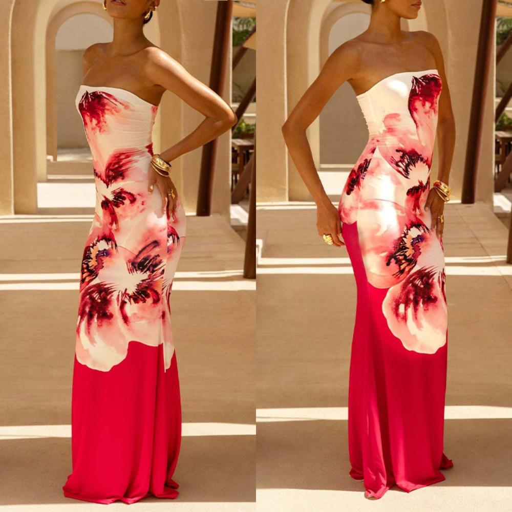Women's Strapless Sleeveless Mermaid Maxi Dress Slim Elastic Waist Tropical Floral Milk Silk Micro Elastic Backless Party Evening Long Dress
