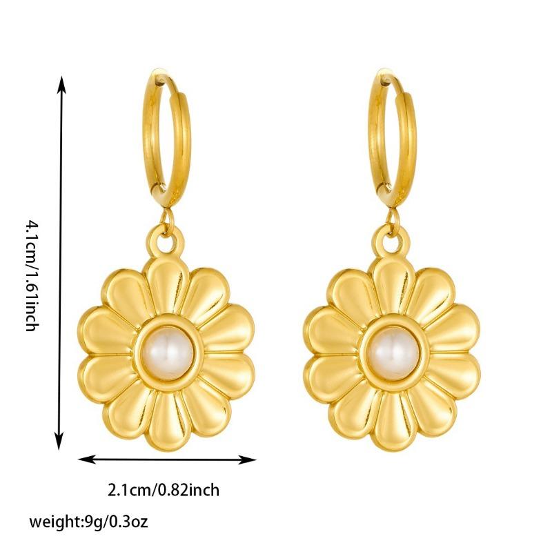 Gold Plated Stainless Steel Daisy Pearl Hoop Earrings for Women