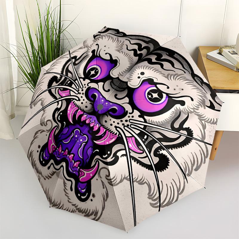 1pc Tiger Face Automatic Open/close Folding Compact Umbrella, 8-Rib Sturdy Canopy, Lightweight Portable, Everyday Use, Gift,116
