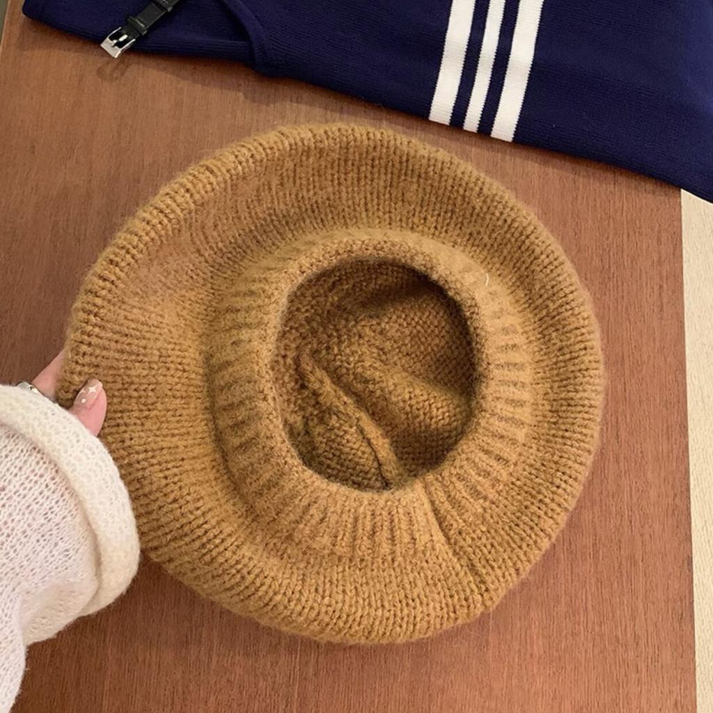 Béret Tricoté Mohair pour Femmes Automne et Hiver Chapeau de Peintre en Peluche Polyvalent Grande Circonférence de Tête Montrant le Visage Petit Chapeau en Laine