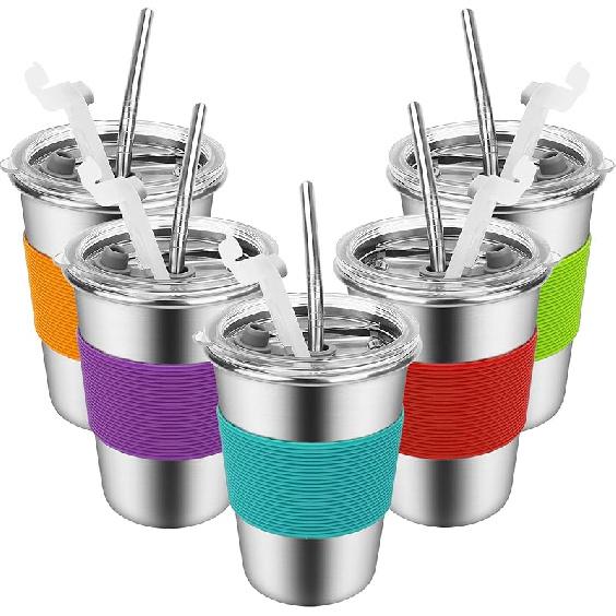 Yummy Sam Stainless Steel Cups with Straws and Lids,12oz Spill-proof Kids Tumblers Dishwasher Safe, Unbreakable Metal Toddler Cups with 12oz with Stainless Steel
