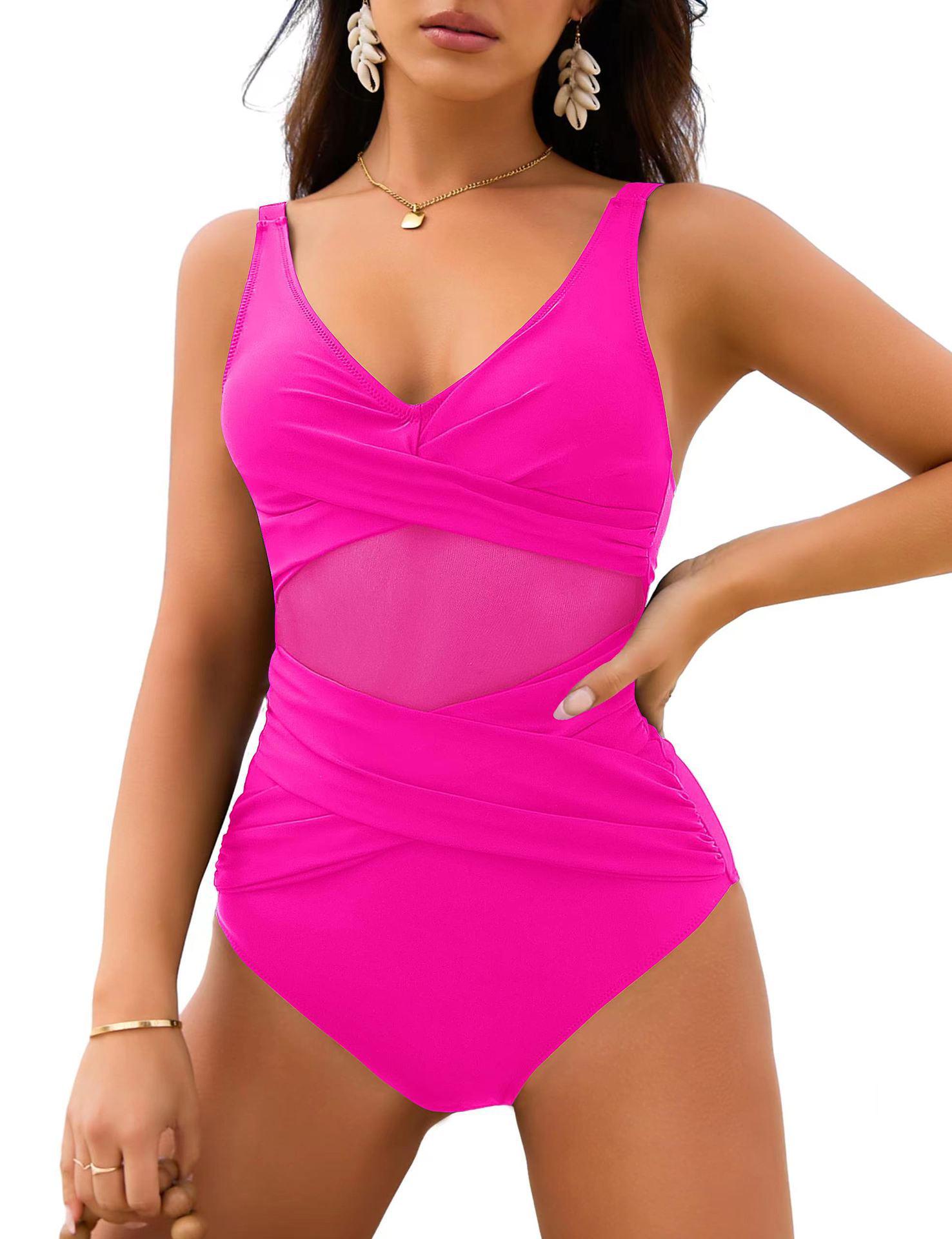 

2024 Европейский и американский сетчатый купальник-боди с вырезами, для похудения 2XL розы красного