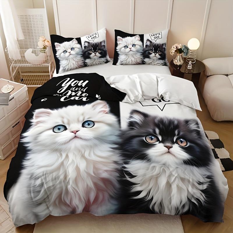 Adorable Cat & Kiten Print Beding Set Includes 1 Soft with Soft Fabric Duvet Cover 2 Pilowcases Al Seasons for Home or Dorm Decor