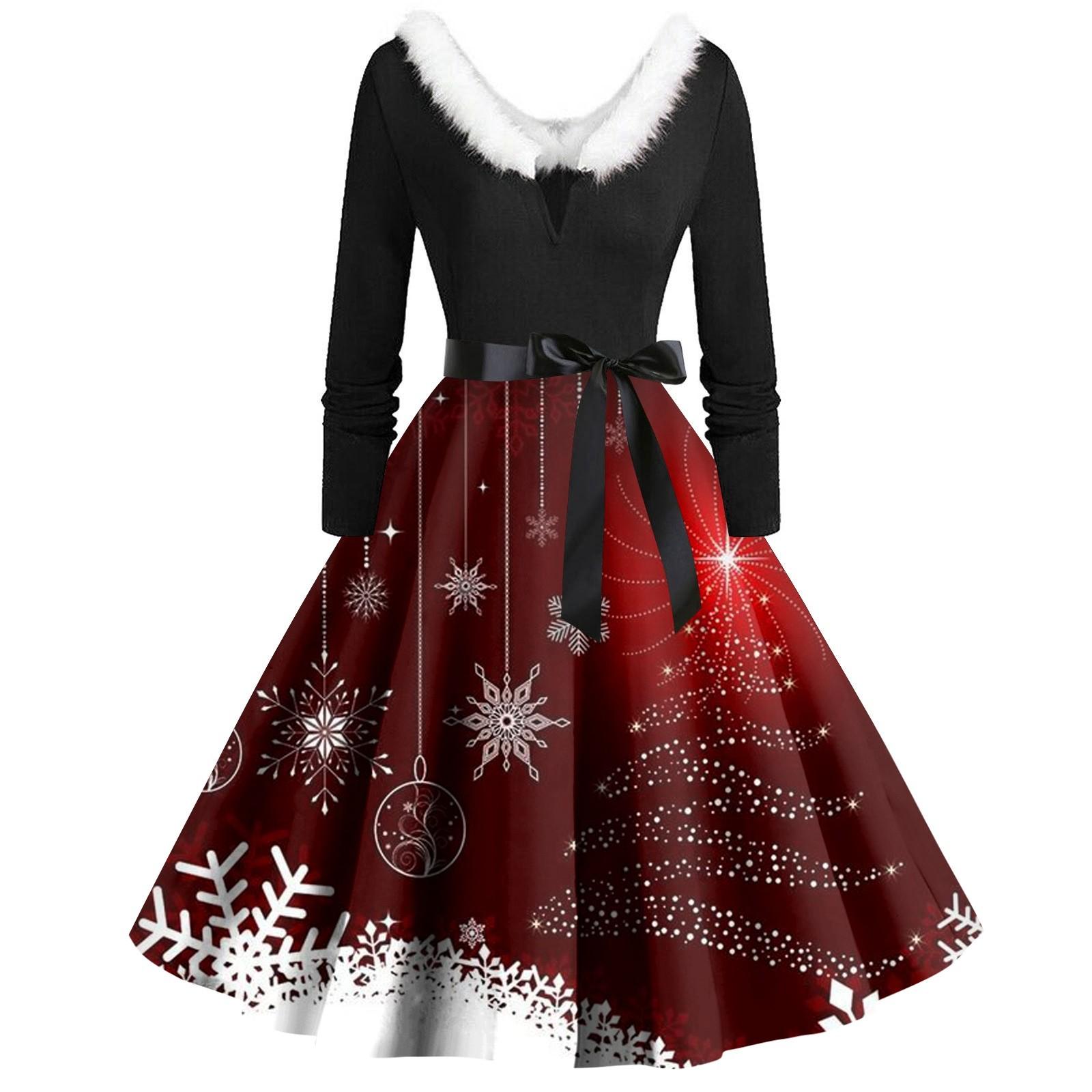 

Женское винтажное платье с длинным рукавом и рождественским принтом в стиле 1950-х годов для вечеринки, выпускного вечера, для домохозяйки XXXL