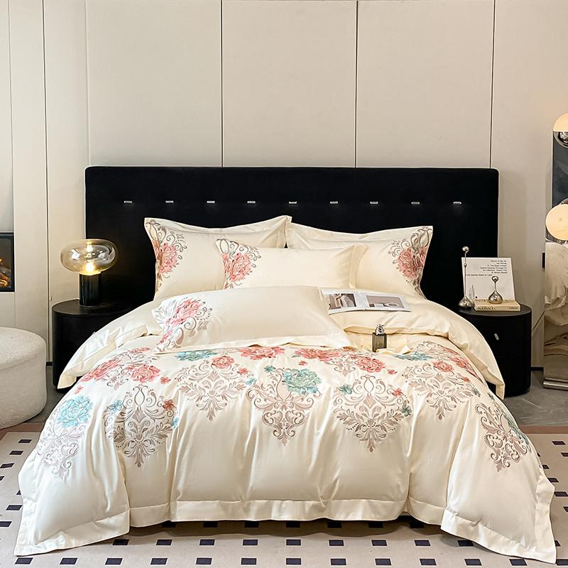 100%Cotton Chic Embroidery Bedding Set Double Queen King 4Pcs Duvet Cover Flat/Fitted Bed Sheet Pillowcases
