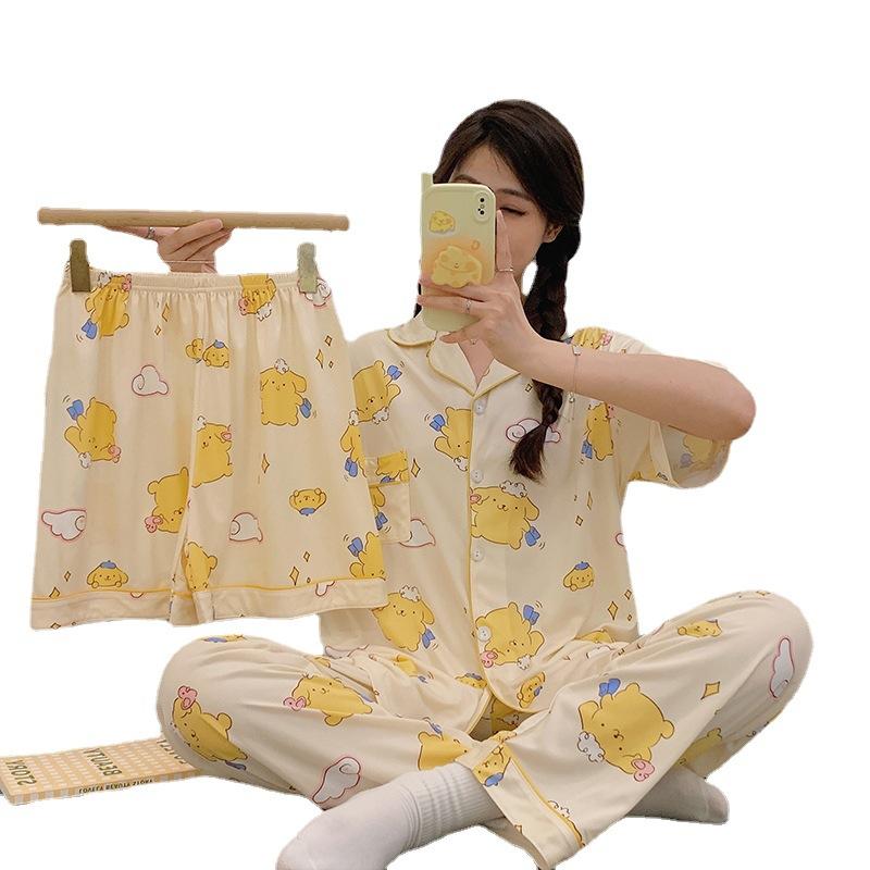 Cartoon Printed Puppy Short Sleeve Trousers Shorts Pajamas Women'S Three-Piece Summer Loungewear