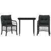Vidaxl 3-Cz. Bistro Furniture Set with Cushions, Black, Poly Rattan