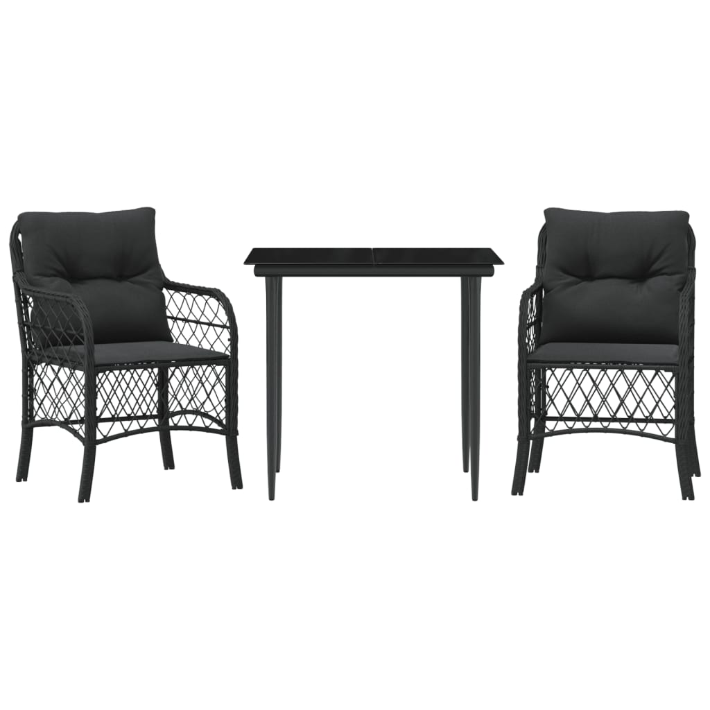 Vidaxl 3-Cz. Bistro Furniture Set with Cushions, Black, Poly Rattan