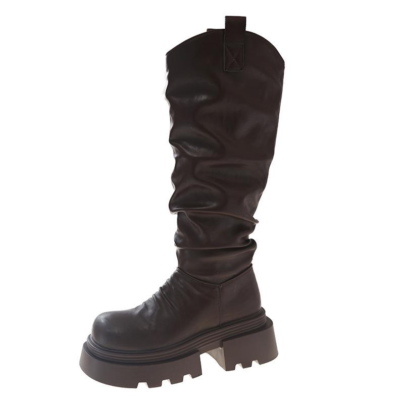 V-mouth pleated stacked high boots women's 2025 autumn and winter new British style but knee fashion and comfortable knight boots INS