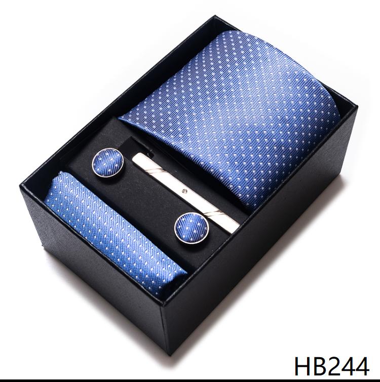 Tie Handkerchief Cufflink Set For Men Necktie Holiday Gift Box Blue Gold Suit Accessories Slim Wedding Gravatas
