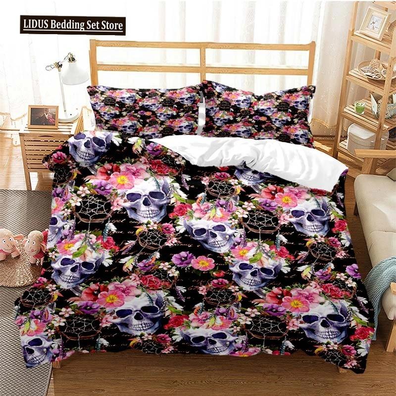 Sugar Skull Duvet Cover Set Queen Size Flowers Skeleton Bed Linen Double Bedding Set With Pillowcase King Size Skull Quilt Cover