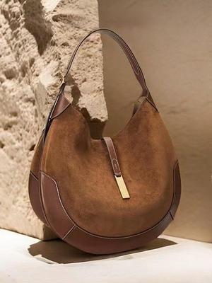 Retro Suede Equestrian Crescent Tote Bag - Trendy Underarm Dumpling Handbag
