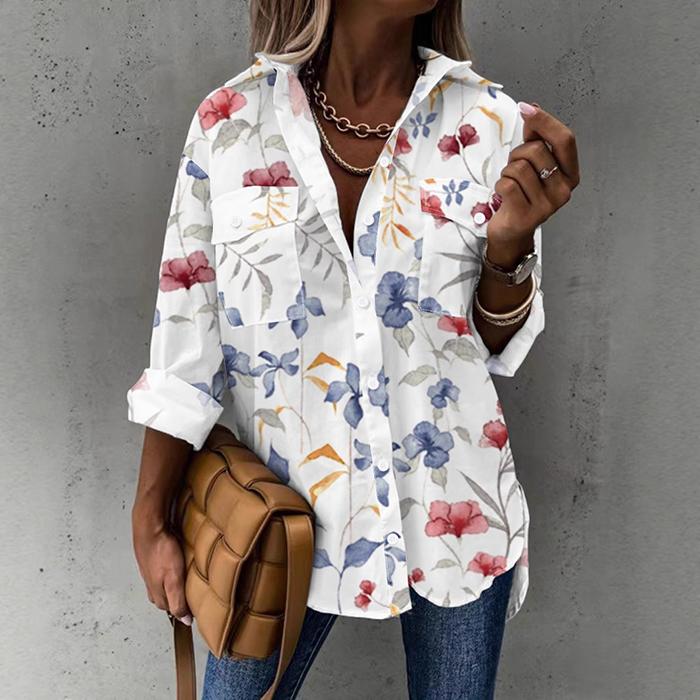 Ladies Casual Long Sleeve Lapel Scenery Printed Blouse Shirt Top