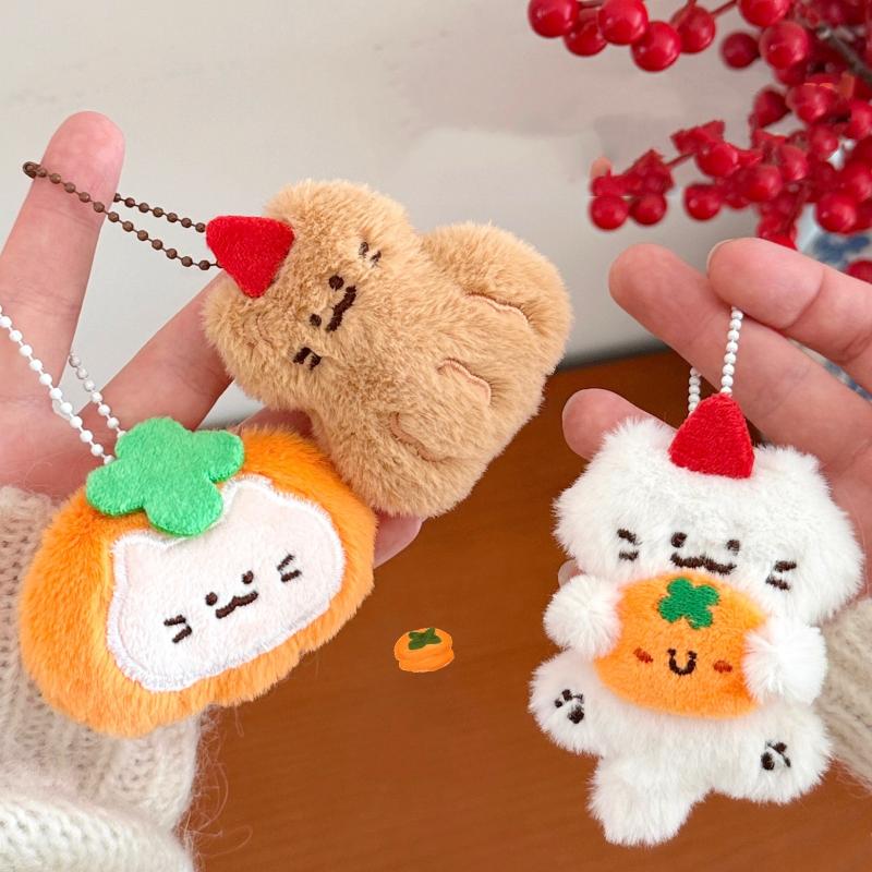 Cute Cartoon Persimmon Peanut Doll Keychain Kawaii Kitten Plush Hanging Ornament Bag Decoration Pendant Accessories Gift
