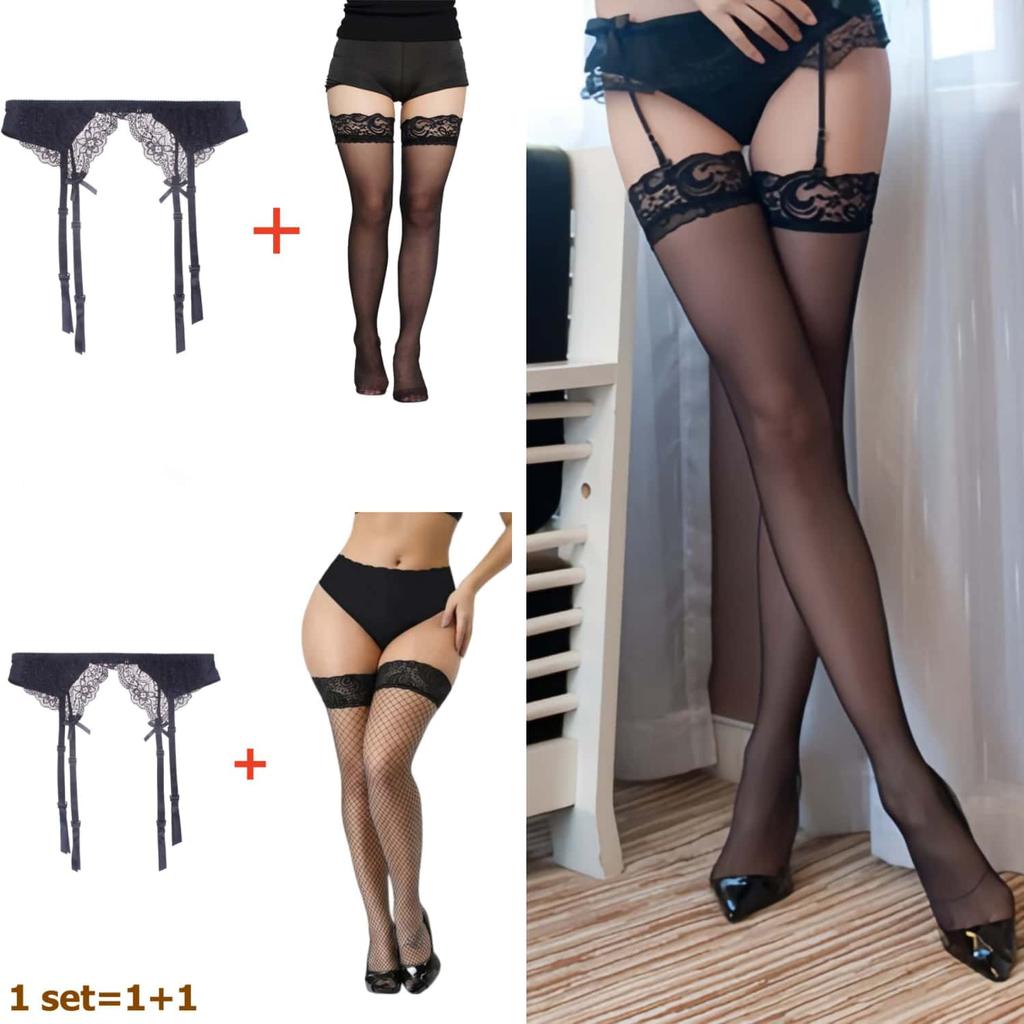 2Pcs Women'S Adjustable Non-Slip Stockings High Waist Garter Belt Plus Size Sock Set Lace Mesh Suspender One-Piece Pantyhose Xxl