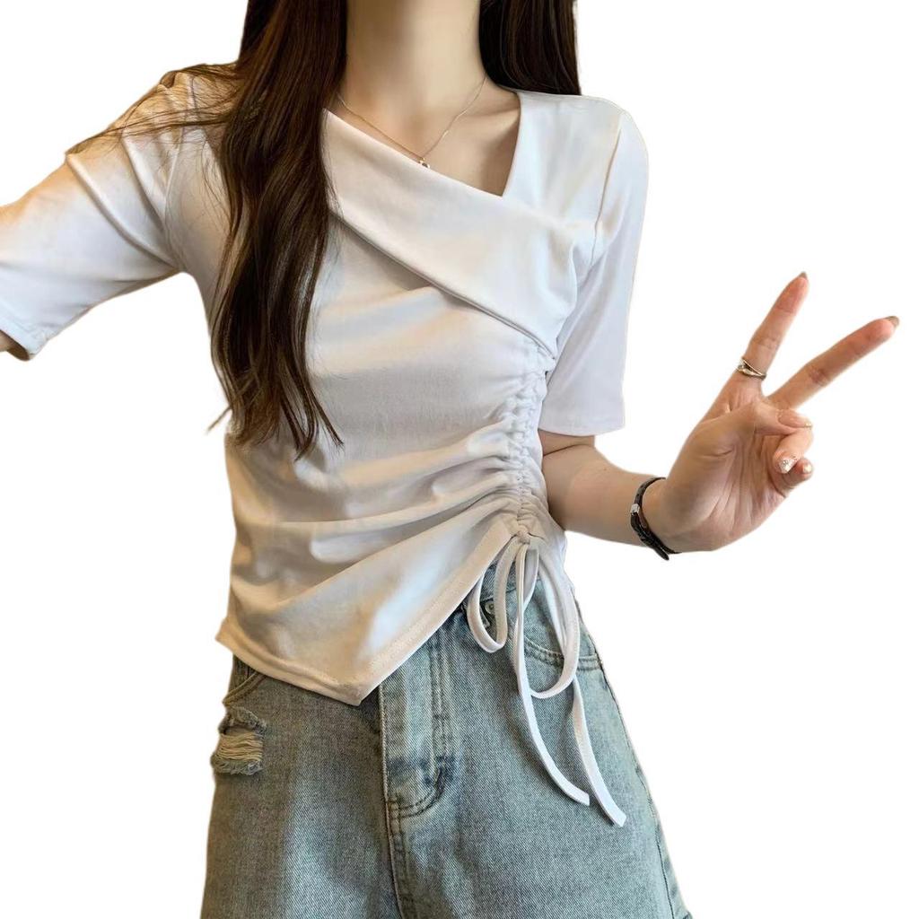 Irregular Asymmetric Neck Drawstring Short Sleeve Women's Summer T-shirt - New Sweet Chic Design, Versatile and Unique.