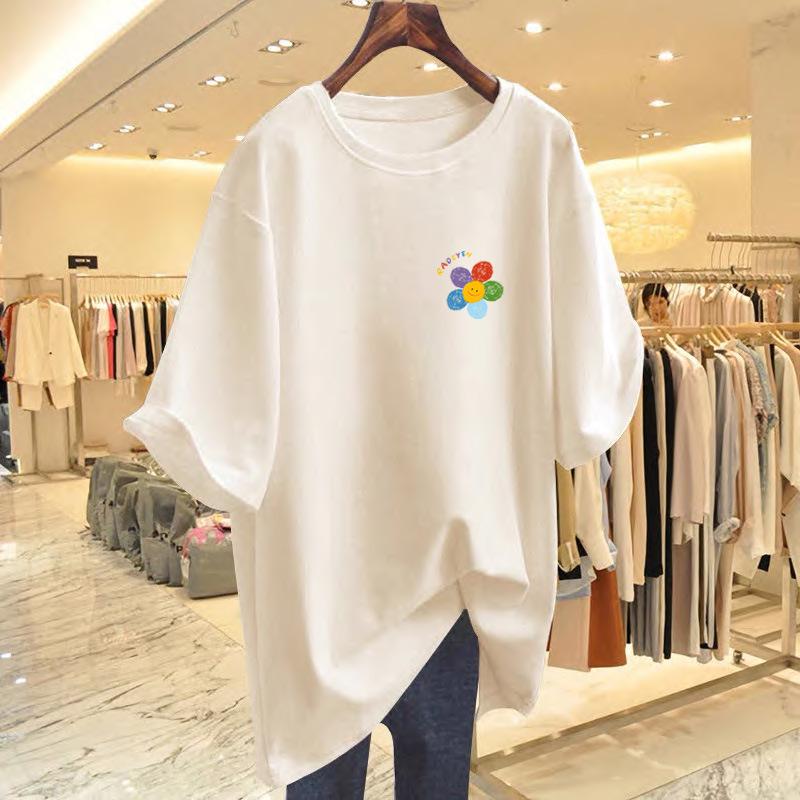 Women's Summer Loose Fit White Round Neck Short Sleeve T-shirt