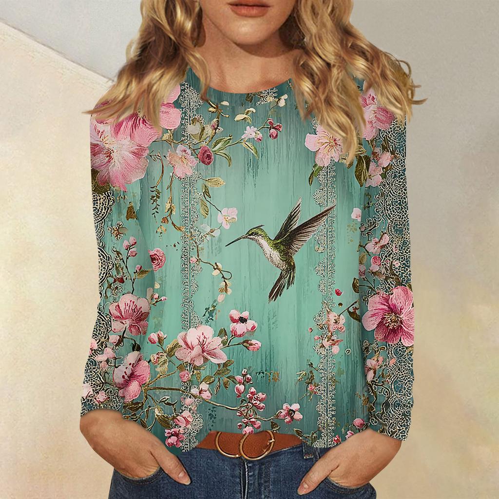 Dámská móda Květinový potisk Krk Dlouhý rukáv Pulovr Top